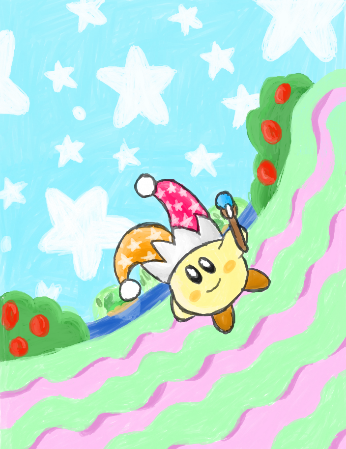 Illustration of a small orb shaped creature with tiny hands and feet and a smile, holding a magic wand and wearing a jester hat. Background is a blue sky filled with star shaped clouds and a pink and green striped plain with berry bushes and a lake on the horizon.